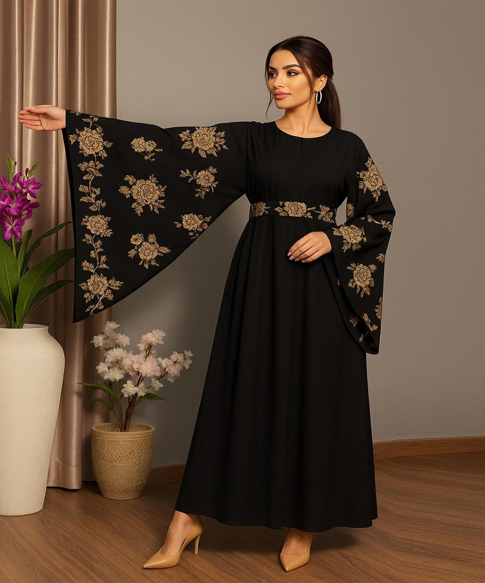 Simple Moderate Abaya Black Golden Floral Print Sleeves With Black Hijab