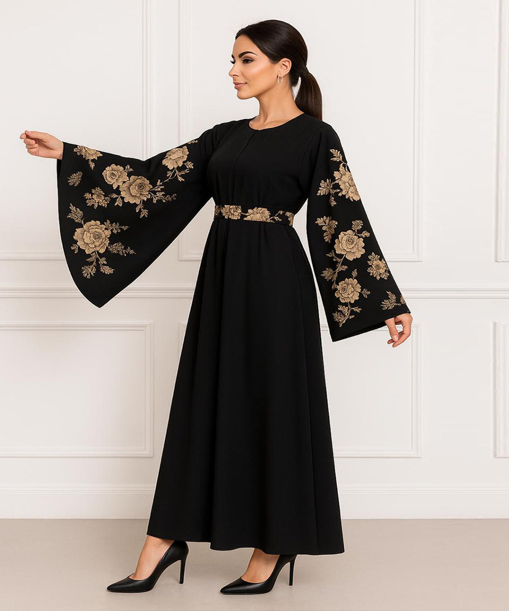 Simple Moderate Abaya Black Golden Floral Print Sleeves With Black Hijab