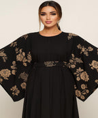 Simple Moderate Abaya Black Golden Floral Print Sleeves With Black Hijab