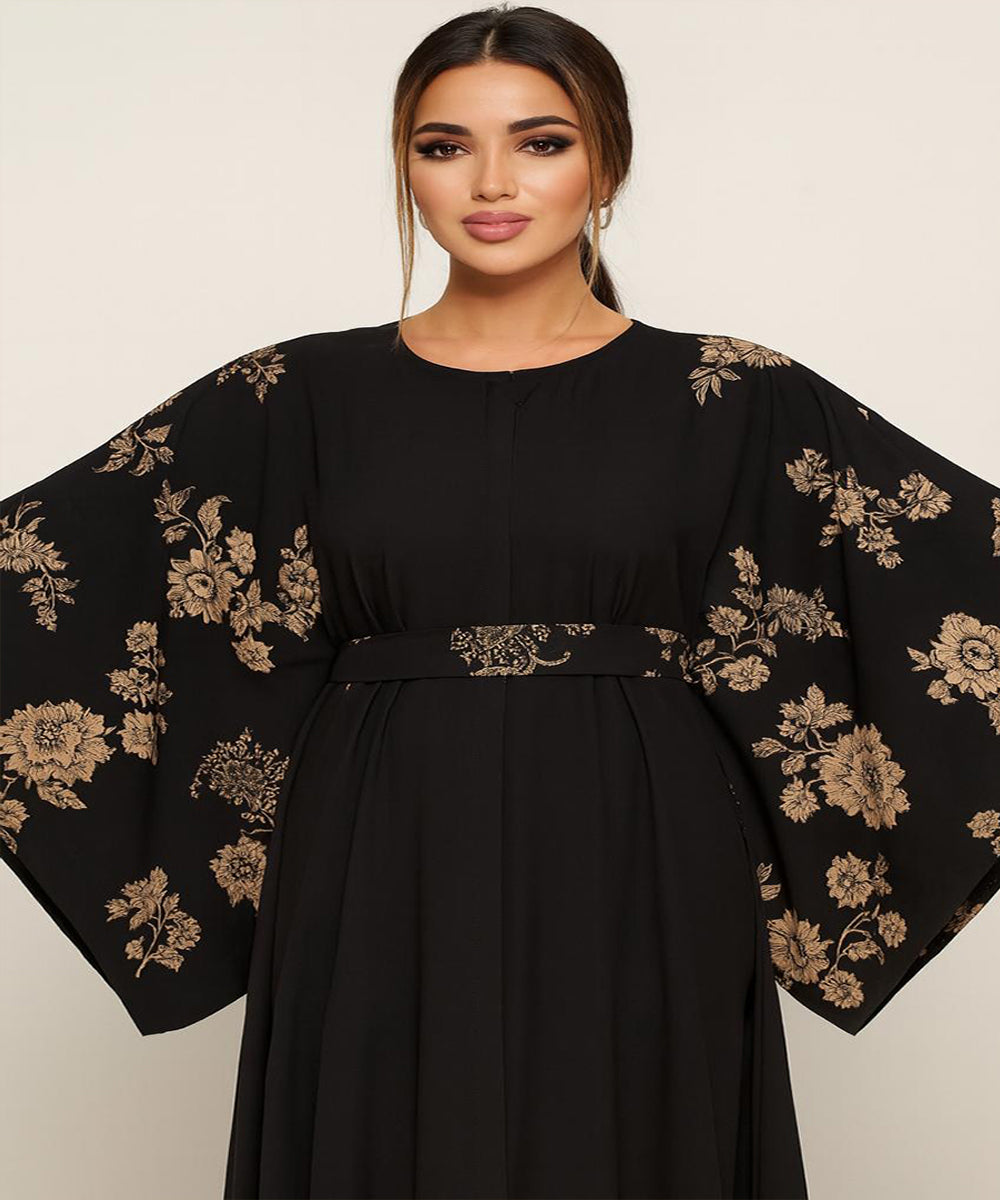 Simple Moderate Abaya Black Golden Floral Print Sleeves With Black Hijab