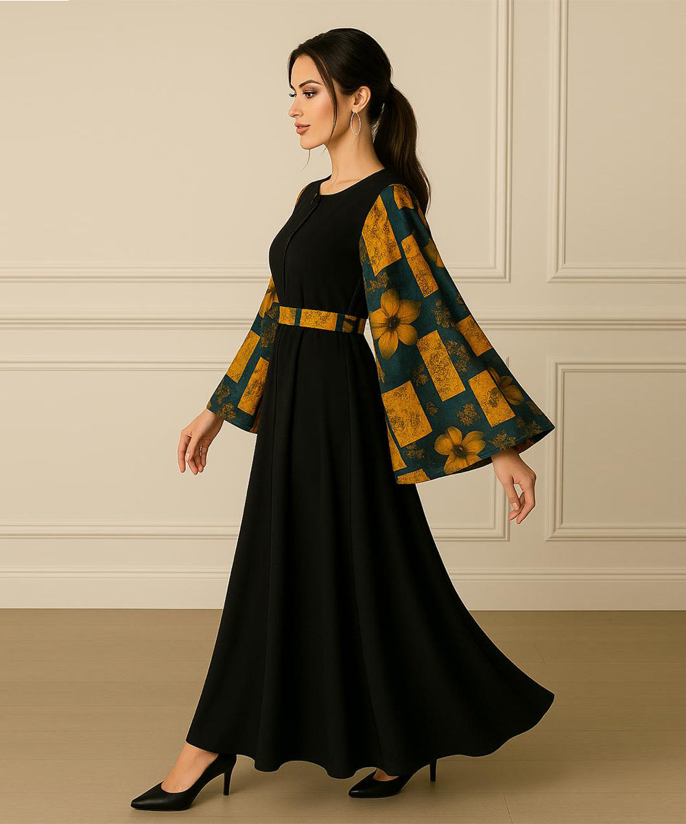 Simple Moderate Abaya Black Mustard Floral Geometric Prints on Dark Green With Black Hijab