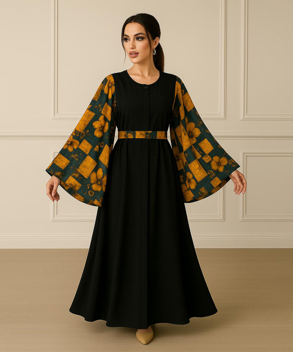 Simple Moderate Abaya Black Mustard Floral Geometric Prints on Dark Green With Black Hijab