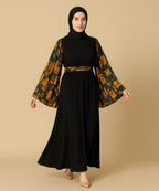Simple Moderate Abaya Black Mustard Floral Geometric Prints on Dark Green With Black Hijab