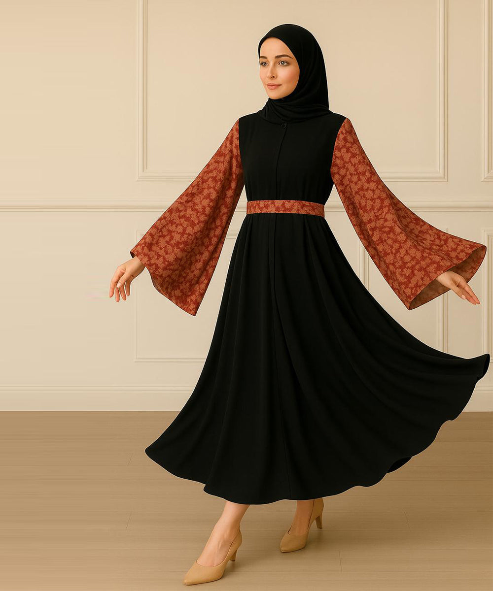 Simple Moderate Abaya Black Rust-Brown Marble Print Based With Black Hijab