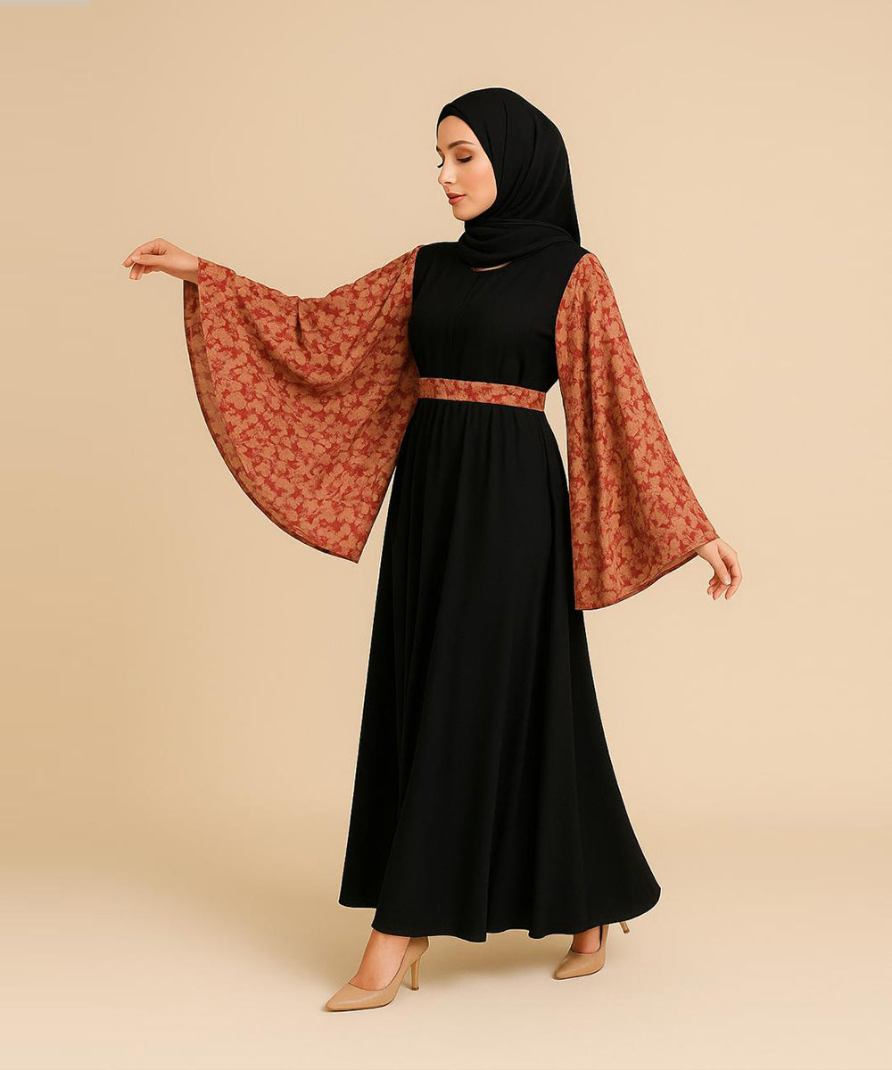 Simple Moderate Abaya Black Rust-Brown Marble Print Based With Black Hijab