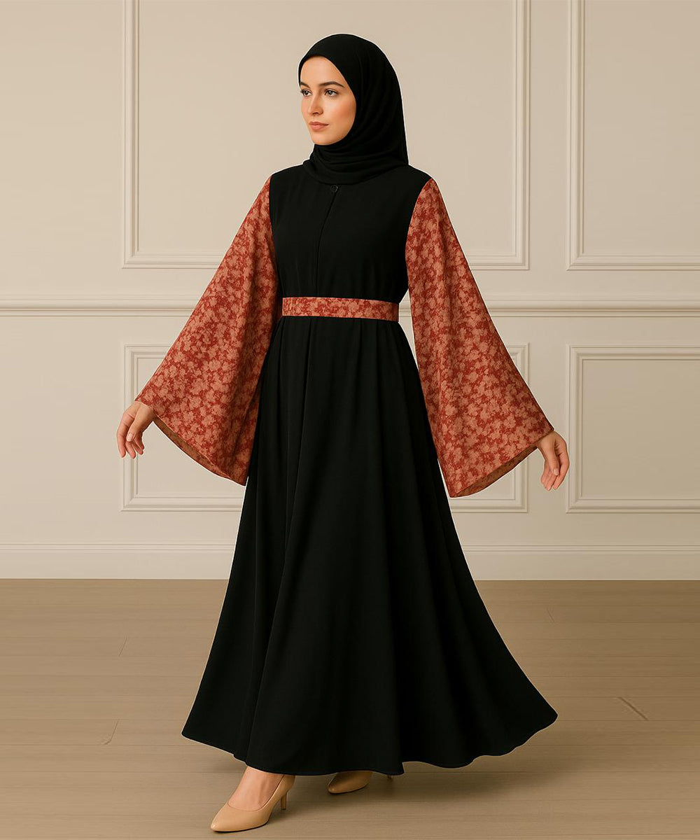 Simple Moderate Abaya Black Rust-Brown Marble Print Based With Black Hijab