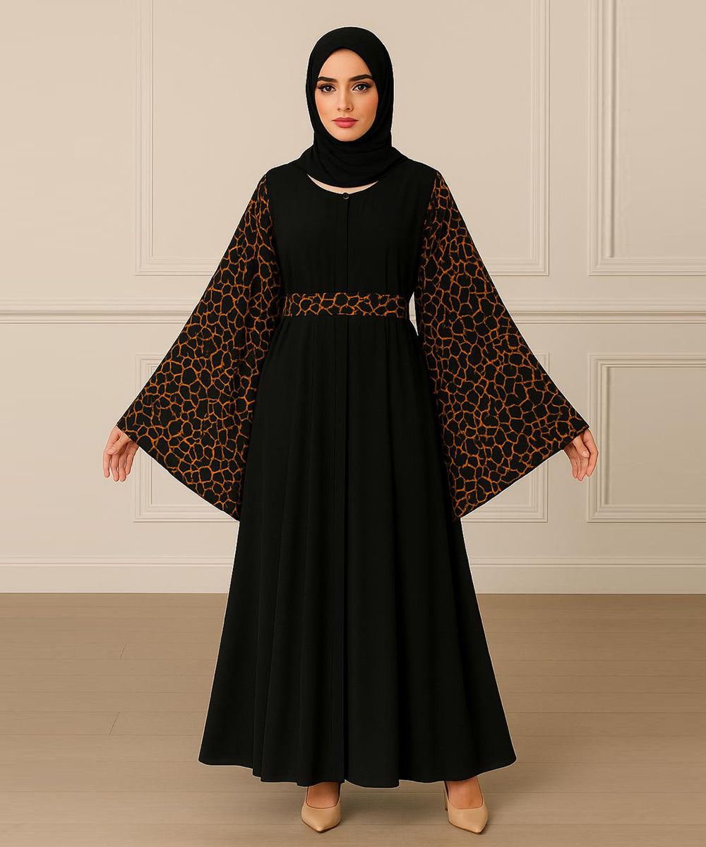 Simple Moderate Abaya Striking Giraffe-Print Brown on Black With Black Hijab