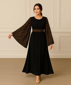 Simple Moderate Abaya Striking Giraffe-Print Brown on Black With Black Hijab