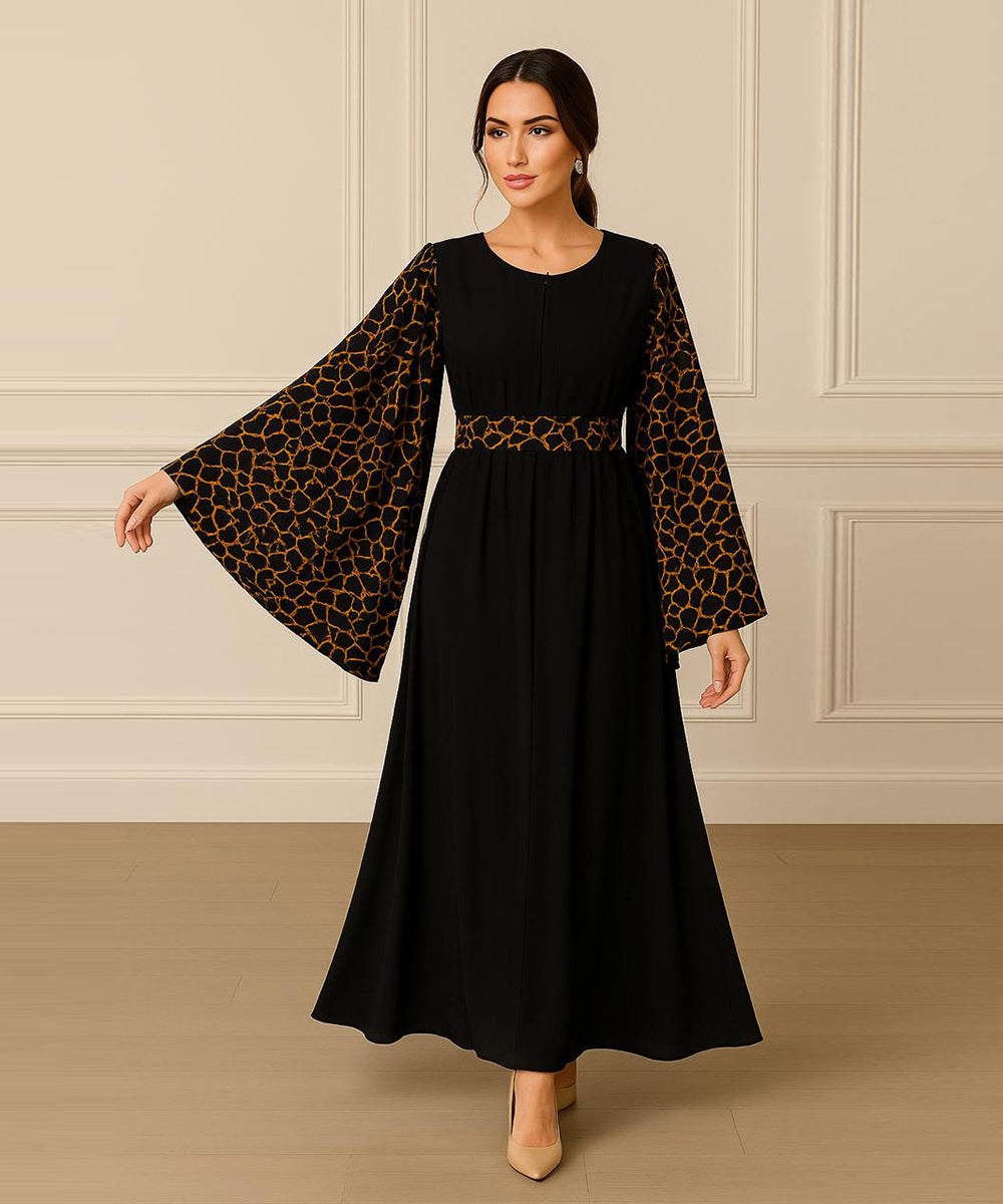 Simple Moderate Abaya Striking Giraffe-Print Brown on Black With Black Hijab