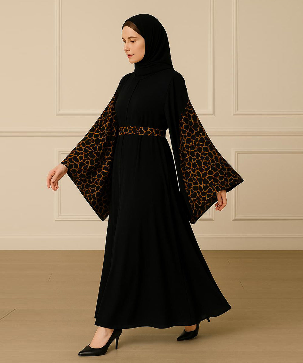 Simple Moderate Abaya Striking Giraffe-Print Brown on Black With Black Hijab