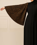 Simple Moderate Abaya Striking Giraffe-Print Brown on Black With Black Hijab