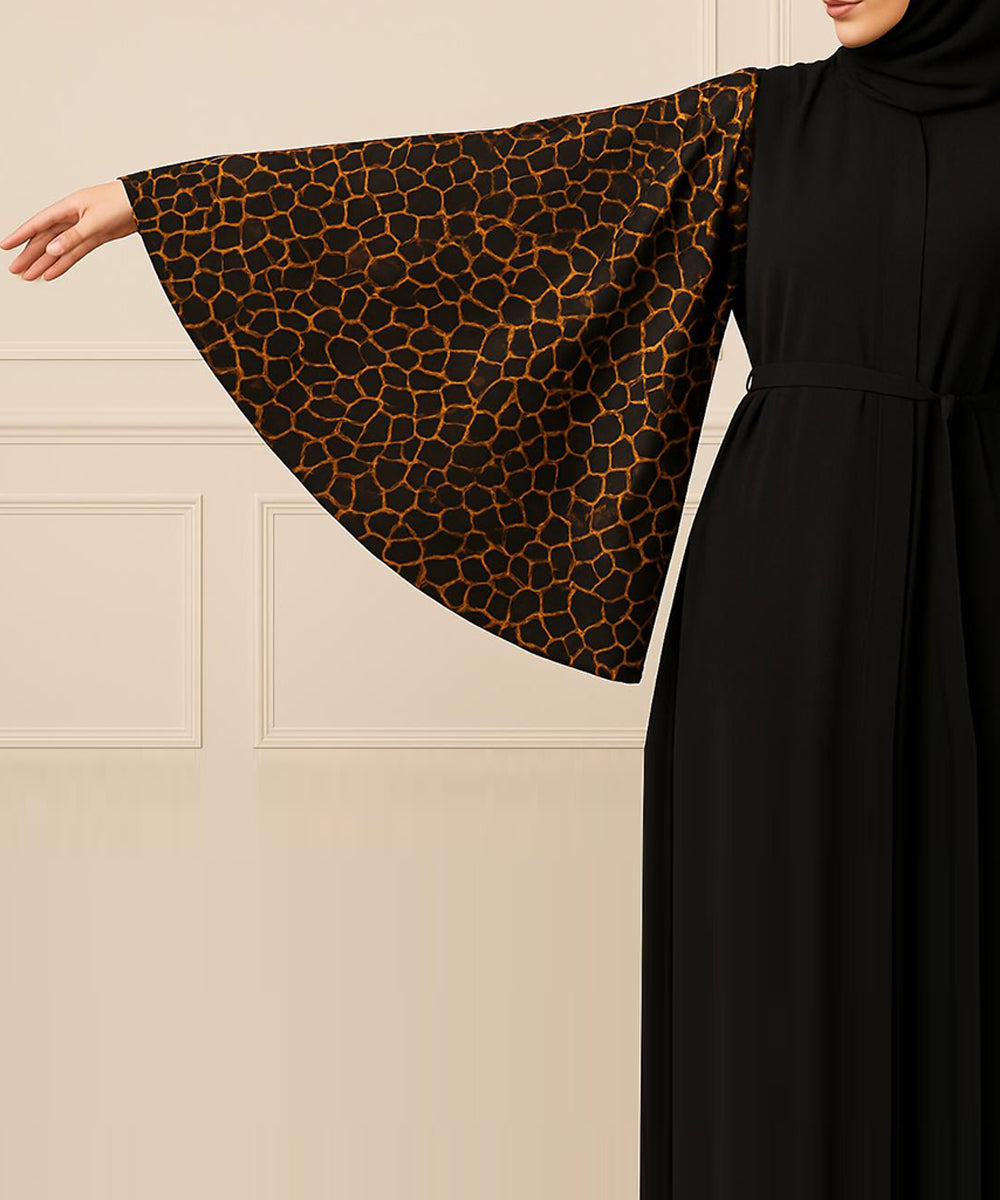 Simple Moderate Abaya Striking Giraffe-Print Brown on Black With Black Hijab
