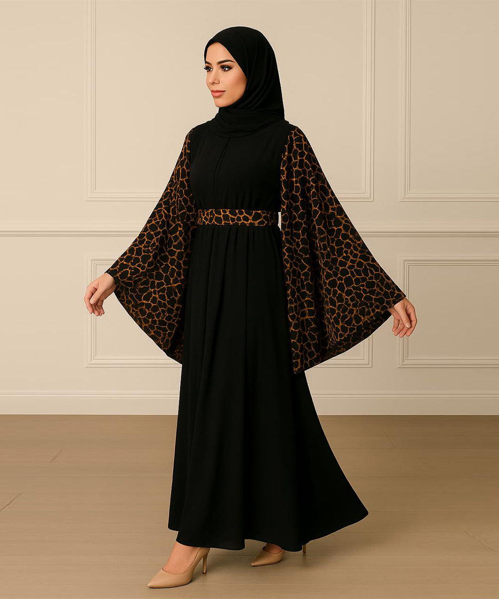 Simple Moderate Abaya Striking Giraffe-Print Brown on Black With Black Hijab