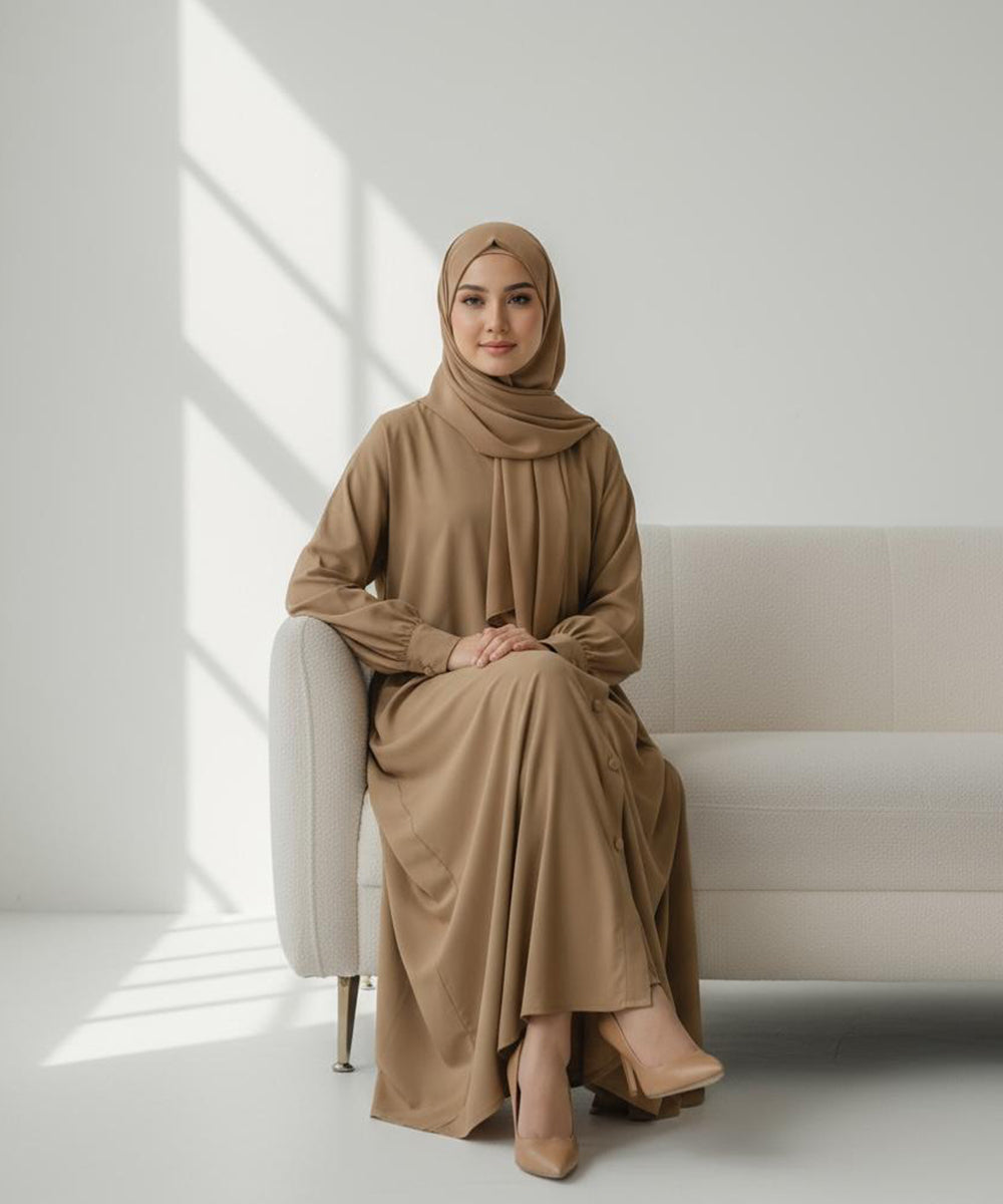 Single-Tone Front Open Button Down Abaya Rich Caramel Brown Shade