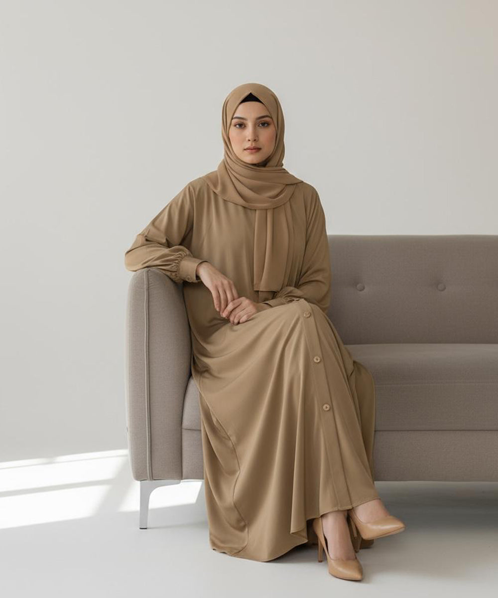 Single-Tone Front Open Button Down Abaya Rich Caramel Brown Shade