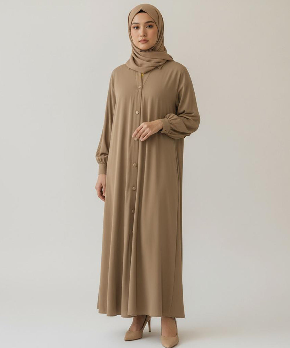 Single-Tone Front Open Button Down Abaya Rich Caramel Brown Shade