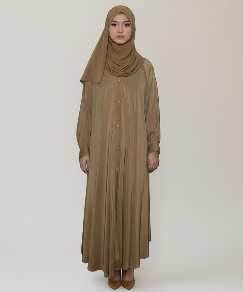 Single-Tone Front Open Button Down Abaya Rich Caramel Brown Shade