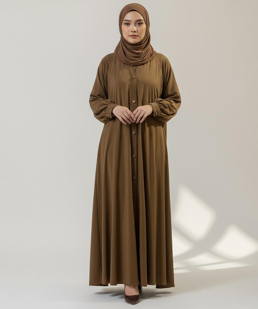 Soft Flowy Button Down Front Open Abaya Warm Camel Brown