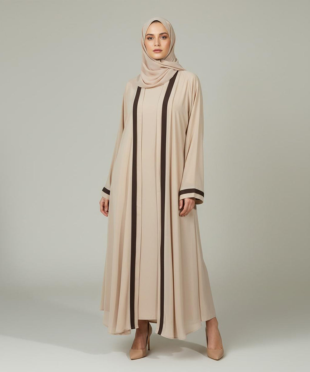 Soft Nude-Beige Abaya with a Graceful Flow With Hijab