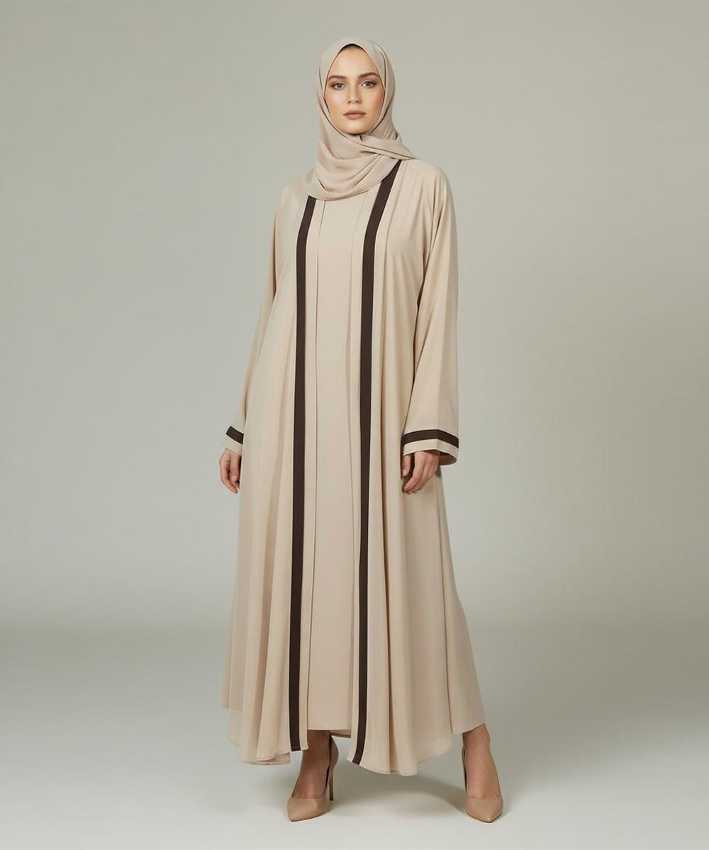 Soft Nude-Beige Abaya with a Graceful Flow With Hijab