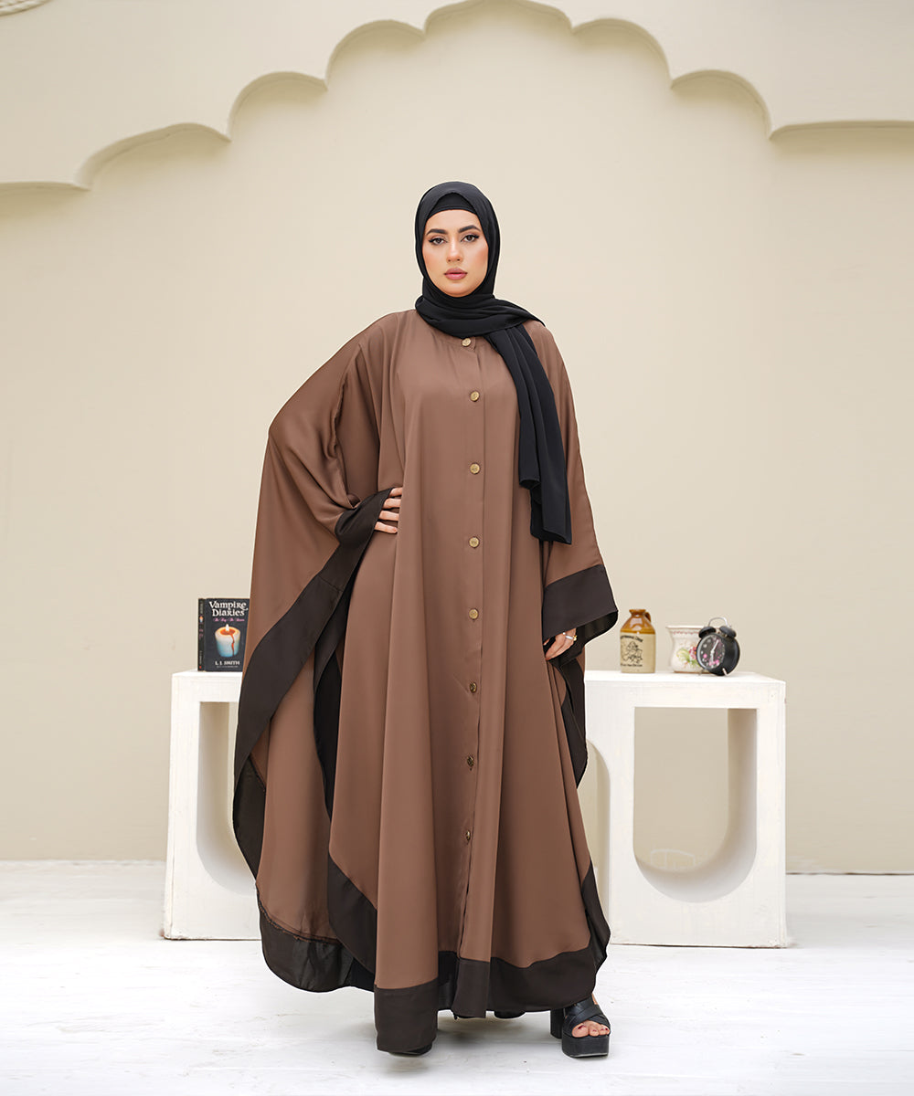 Straight-Cut Button-Down Farshi Flowy Cut Abaya With Hijab Brown