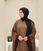 Straight-Cut Button-Down Farshi Flowy Cut Abaya With Hijab Brown