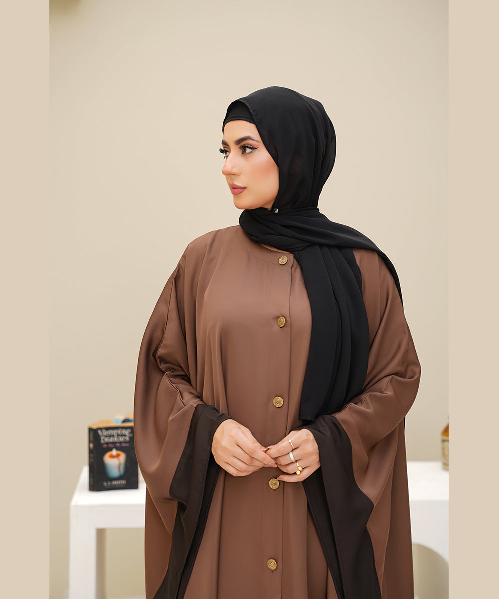 Straight-Cut Button-Down Farshi Flowy Cut Abaya With Hijab Brown