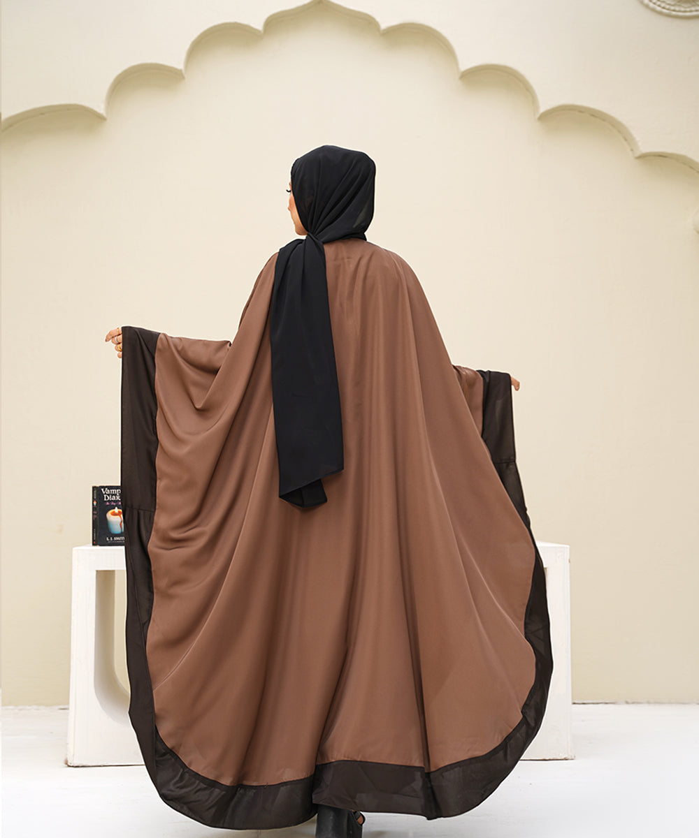 Straight-Cut Button-Down Farshi Flowy Cut Abaya With Hijab Brown