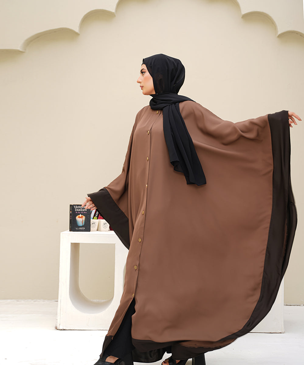 Straight-Cut Button-Down Farshi Flowy Cut Abaya With Hijab Brown