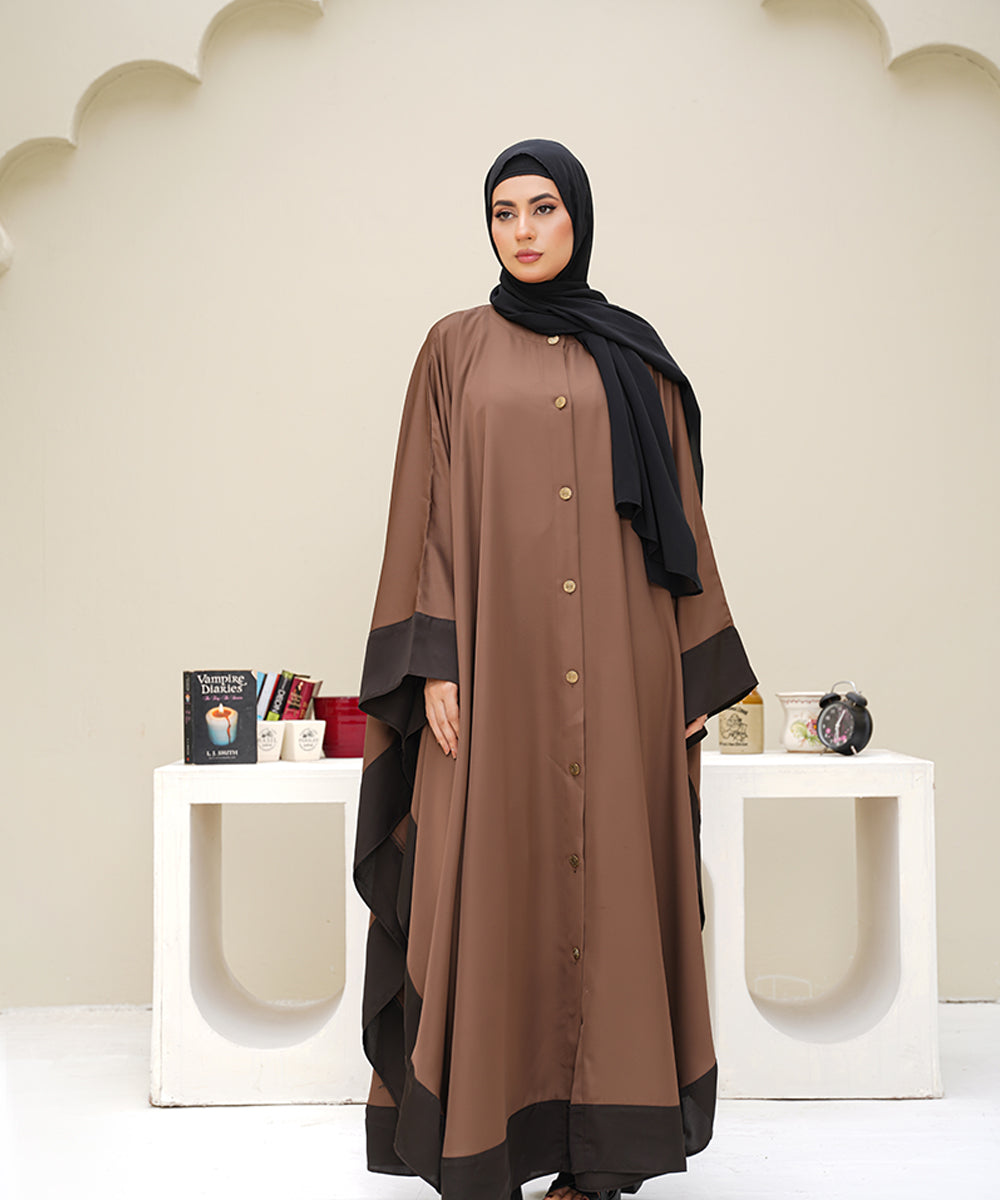 Straight-Cut Button-Down Farshi Flowy Cut Abaya With Hijab Brown