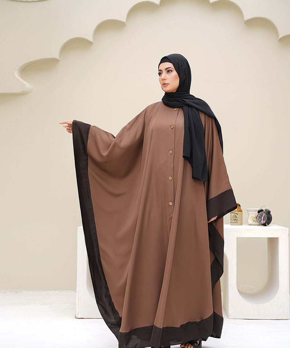 Straight-Cut Button-Down Farshi Flowy Cut Abaya With Hijab Brown