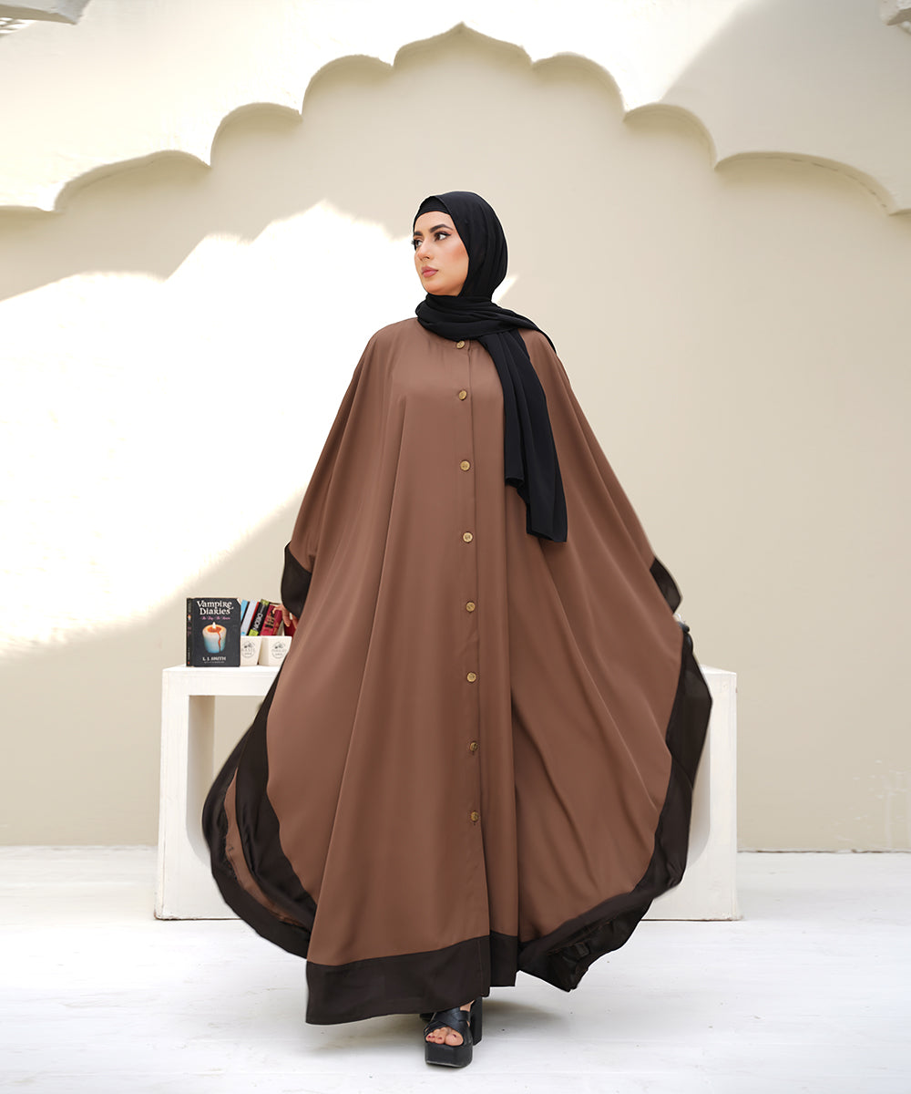 Straight-Cut Button-Down Farshi Flowy Cut Abaya With Hijab Brown