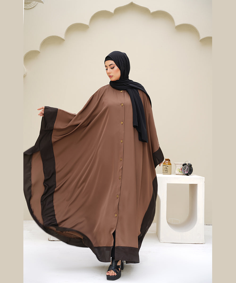 Straight-Cut Button-Down Farshi Flowy Cut Abaya With Hijab Brown
