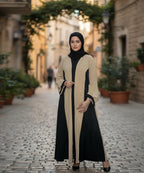 Stretchable Fabric Front Button Abaya Dual-Tone Beige n Black