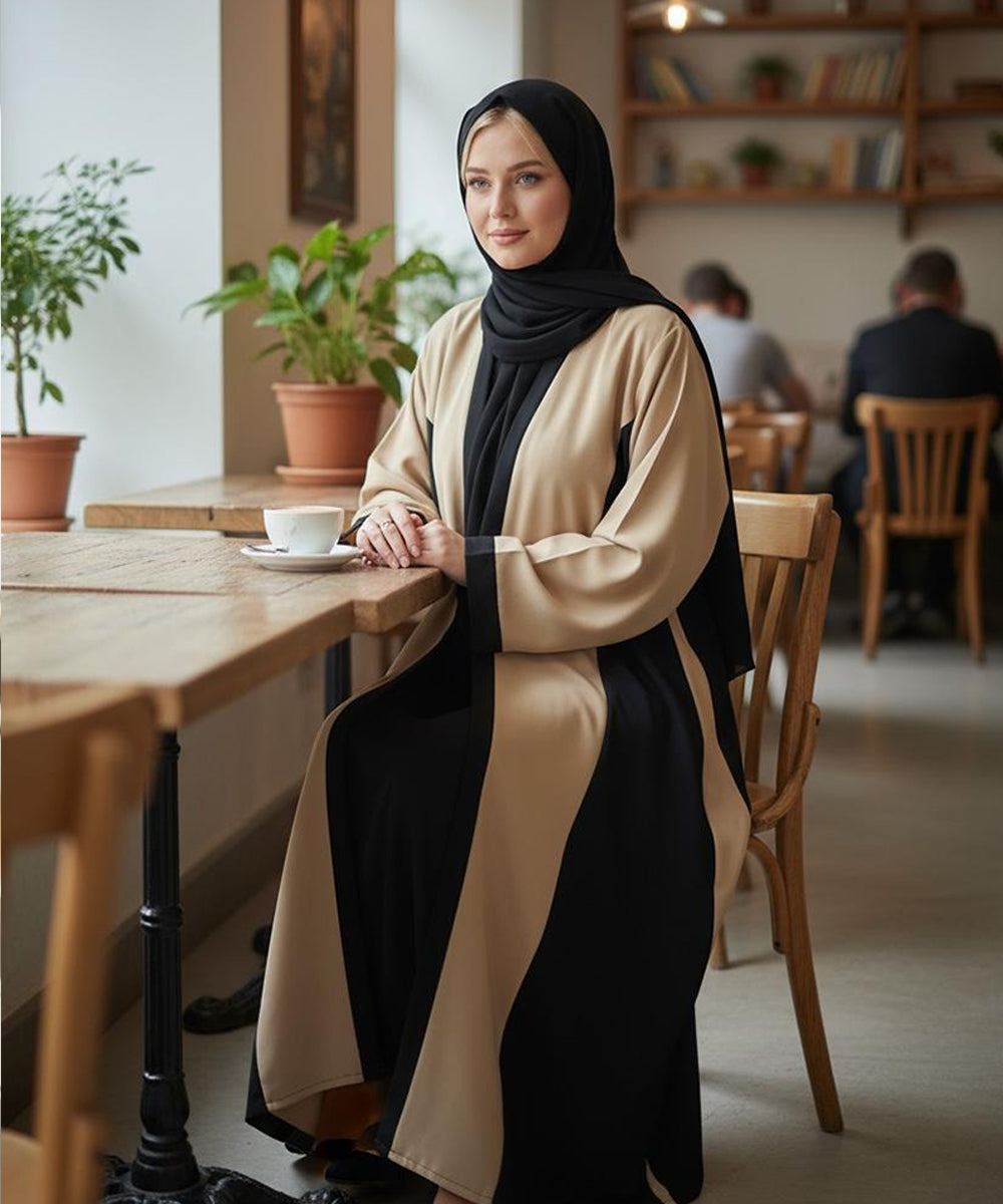 Stretchable Fabric Front Button Abaya Dual-Tone Beige n Black