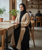 Stretchable Fabric Front Button Abaya Dual-Tone Beige n Black