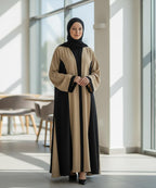 Stretchable Fabric Front Button Abaya Dual-Tone Beige n Black