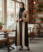 Stretchable Fabric Front Button Abaya Dual-Tone Beige n Black