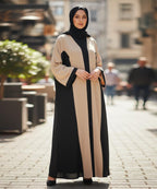 Stretchable Fabric Front Button Abaya Dual-Tone Beige n Black