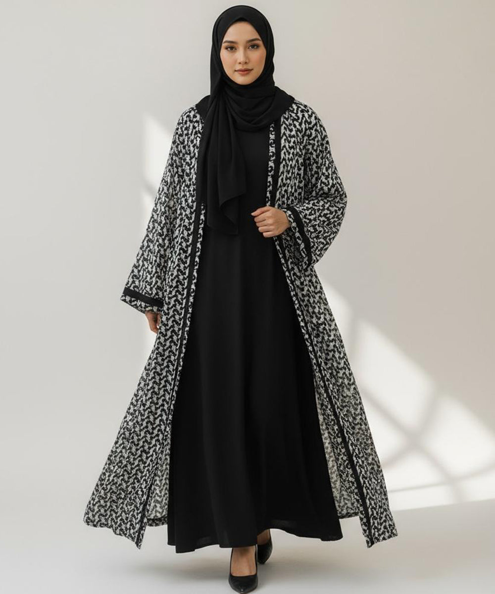 Stylish Front Open Abaya With Stoller & Niqab Monochrome Printed Design