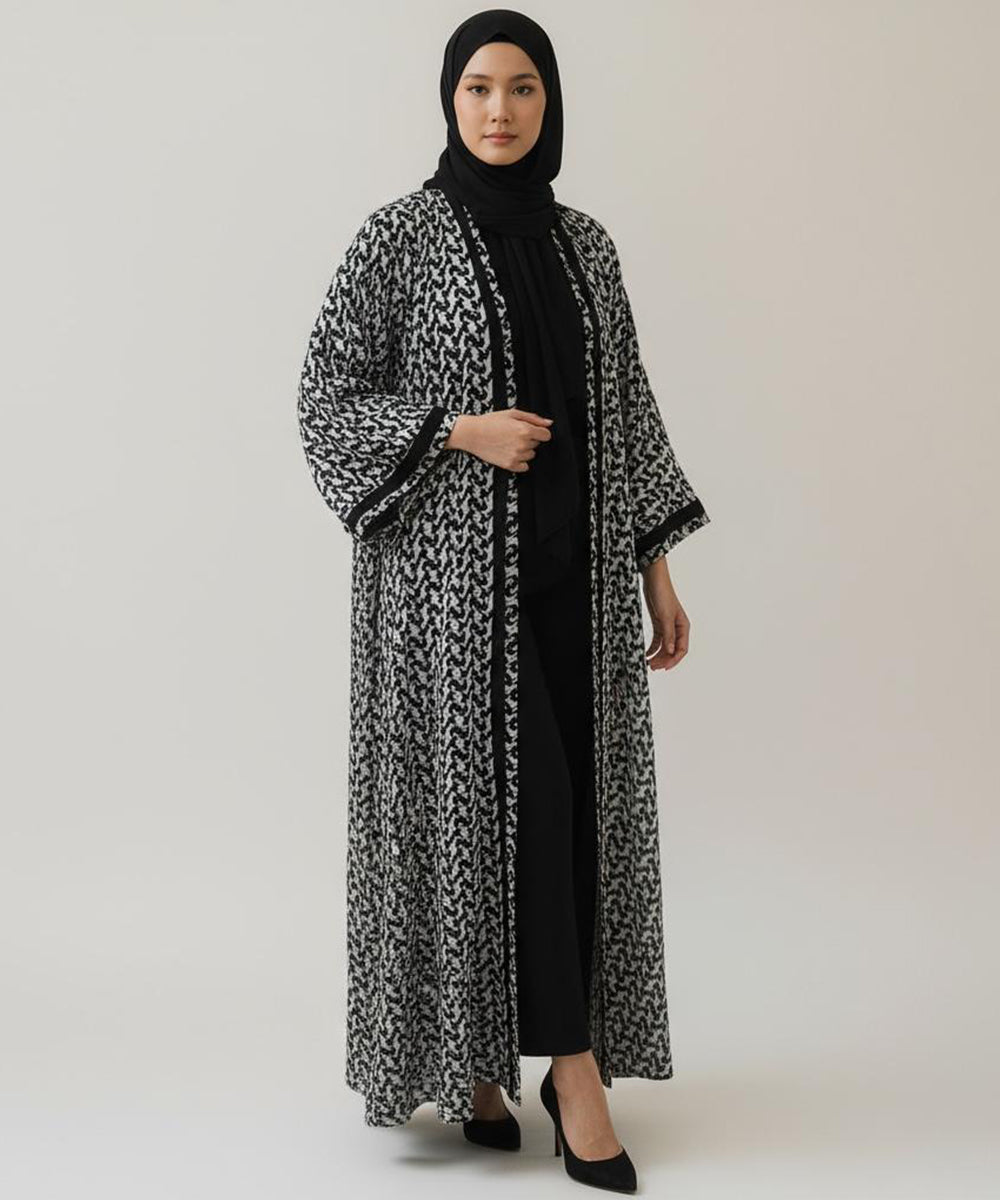 Stylish Front Open Abaya With Stoller & Niqab Monochrome Printed Design
