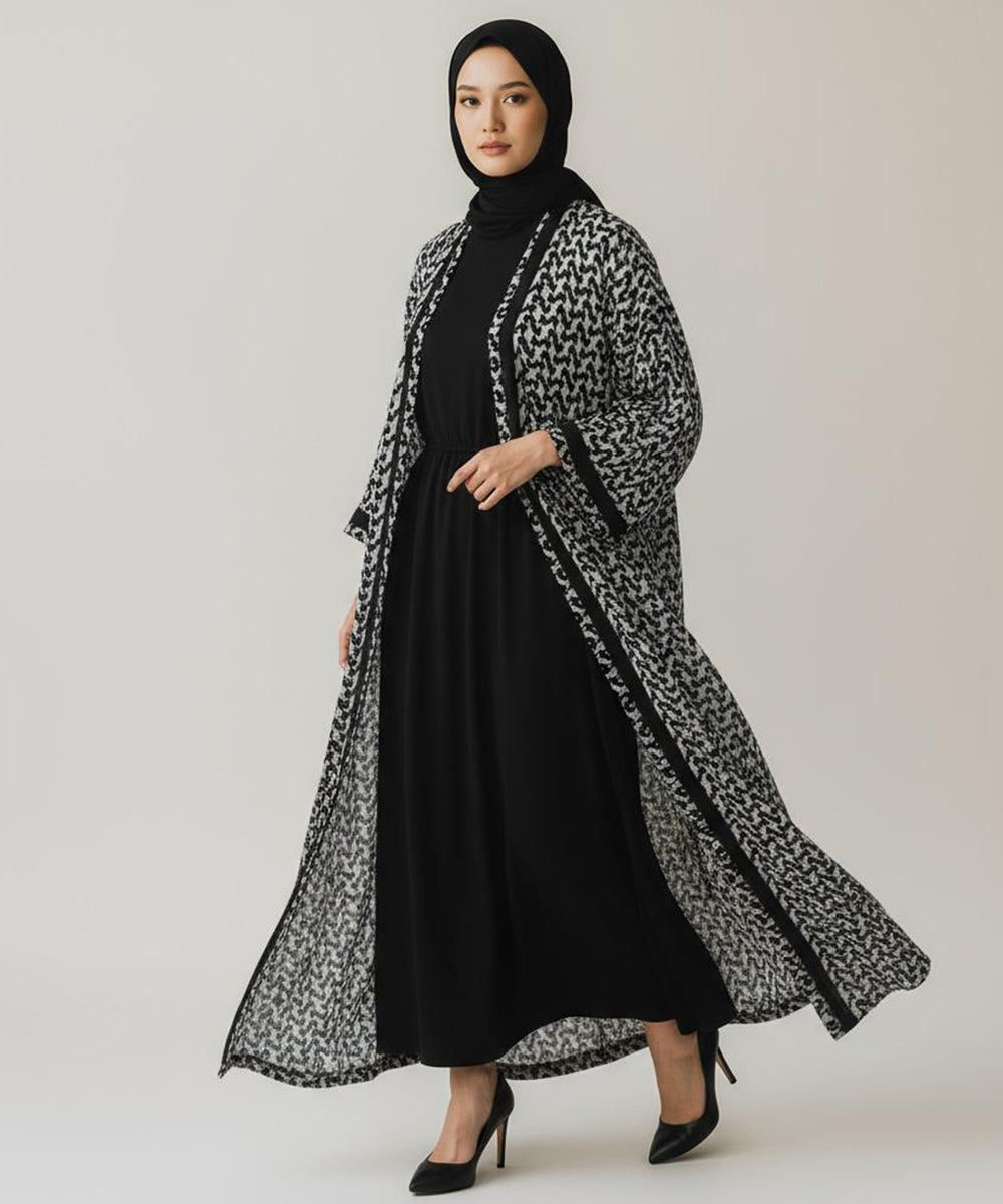 Stylish Front Open Abaya With Stoller & Niqab Monochrome Printed Design