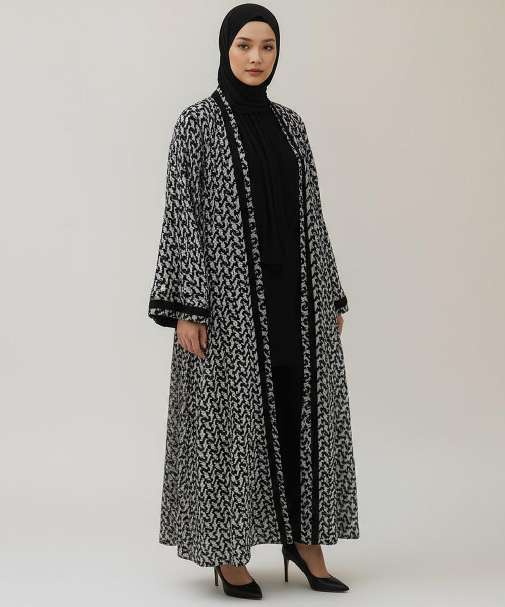 Stylish Front Open Abaya With Stoller & Niqab Monochrome Printed Design