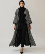 Stylish Front Open Abaya With Stoller & Niqab Monochrome Printed Design