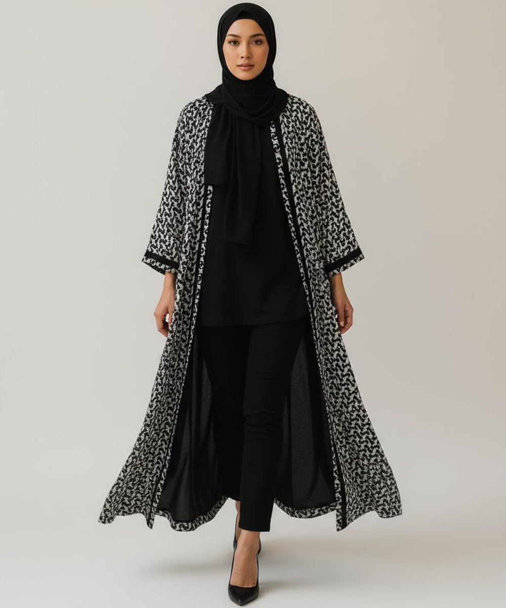 Stylish Front Open Abaya With Stoller & Niqab Monochrome Printed Design
