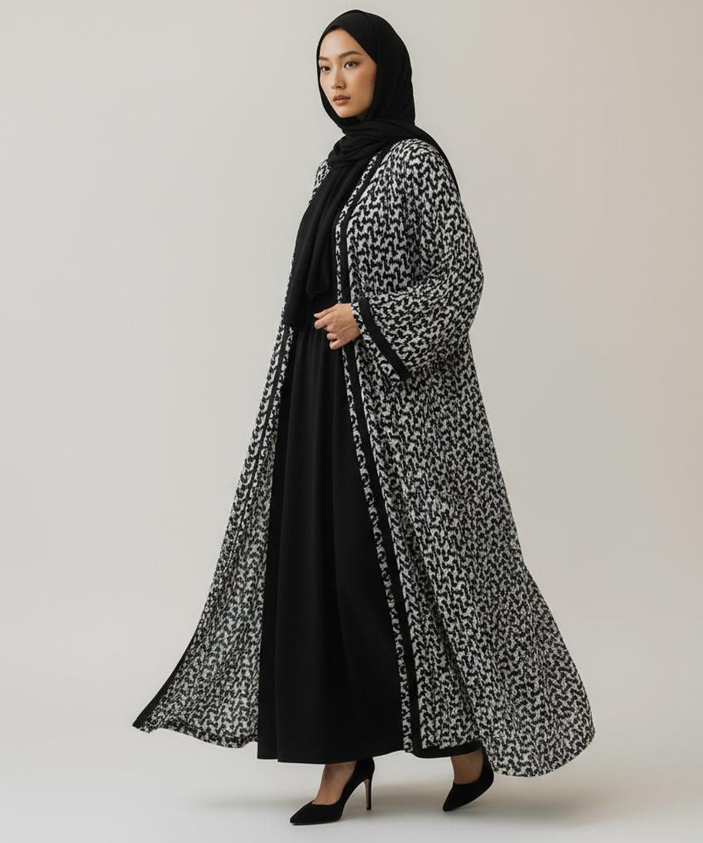 Stylish Front Open Abaya With Stoller & Niqab Monochrome Printed Design