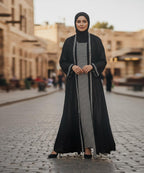 Stylish Front Open Abaya w Sheer Striped Overlay With Stoller and Niqab Black
