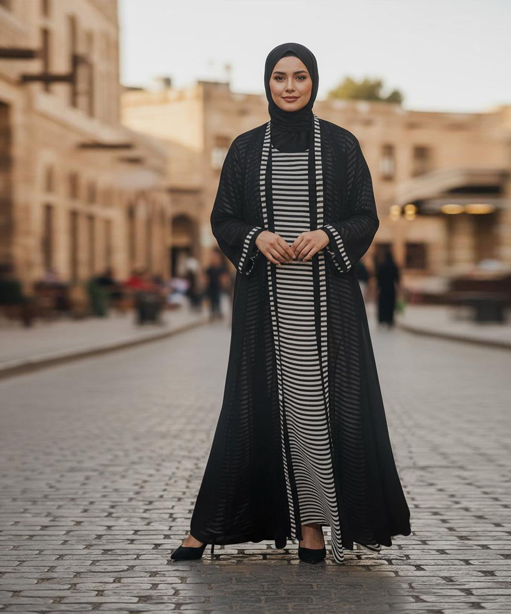 Stylish Front Open Abaya w Sheer Striped Overlay With Stoller and Niqab Black