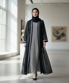 Stylish Front Open Abaya w Sheer Striped Overlay With Stoller and Niqab Black