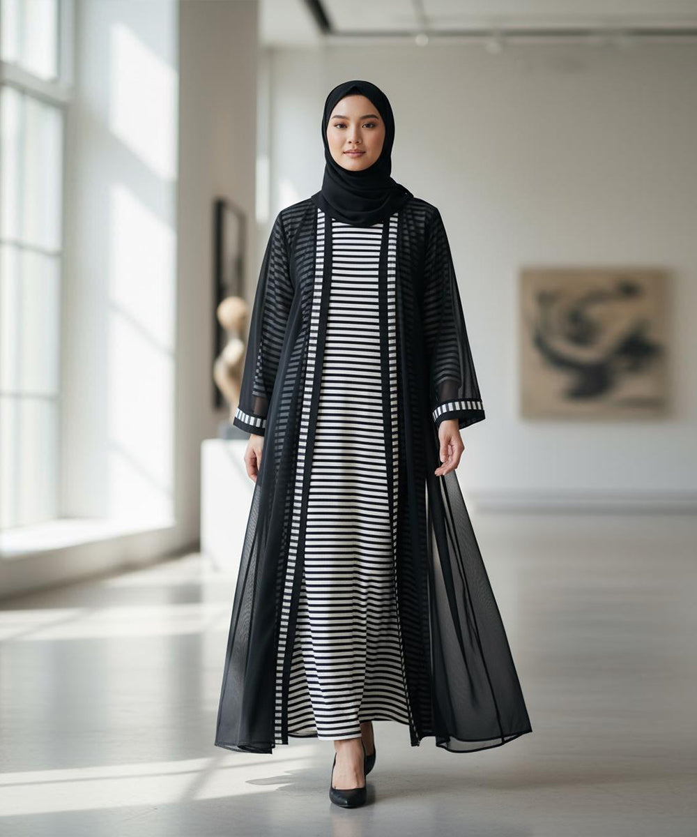 Stylish Front Open Abaya w Sheer Striped Overlay With Stoller and Niqab Black
